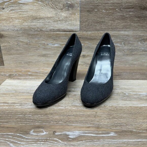 Stuart Weitzman Gray Wool Black Block Heel Pumps Women's Size 6.5 - Picture 1 of 8